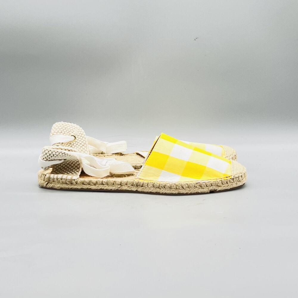 J Crew Sandals Womens 8 Yellow Cotton Gingham Espadrille Ankle Tie Flat Shoes